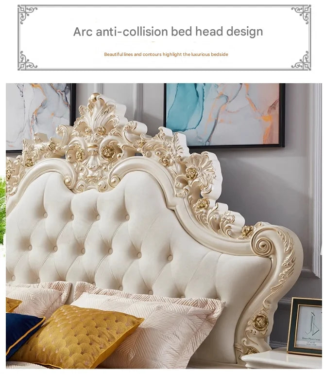 Luxury cream princess bed featuring an ornate, gold-accented carved headboard with deep button tufting.