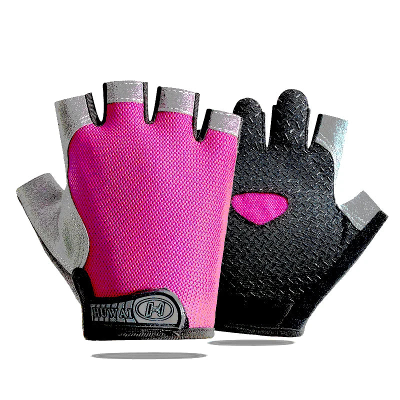Pink and black fingerless cycling gloves with grey reflective accents and textured non-slip palms.