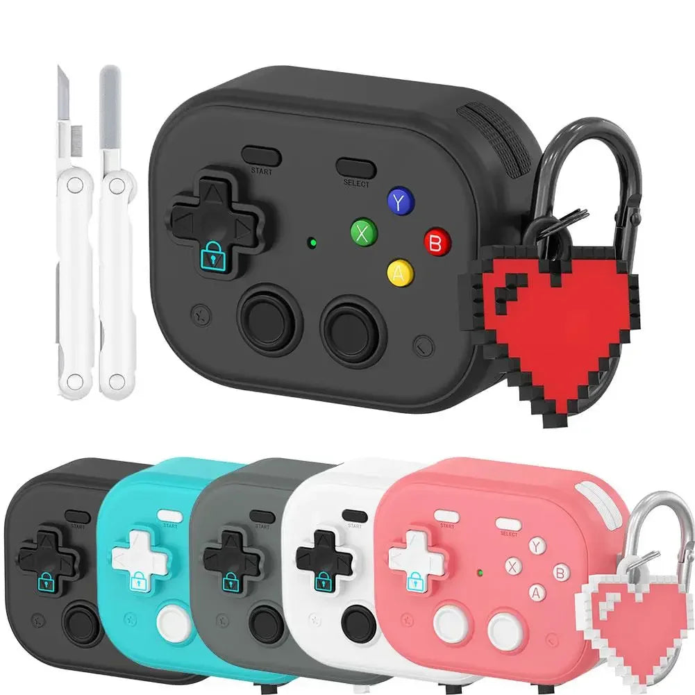Retro game controller style silicone AirPods case with pixel heart keyring, available in multiple colours.