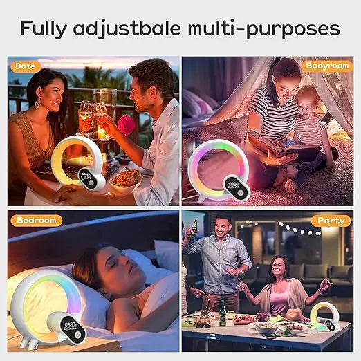 A circular white LED alarm clock with multi-colour lighting, shown in various home settings like bedrooms and parties.