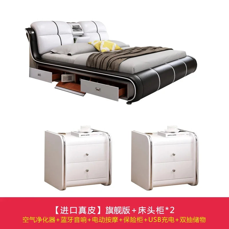 Modern black and cream leather bed with built-in storage, safe, and two matching white bedside cabinets.