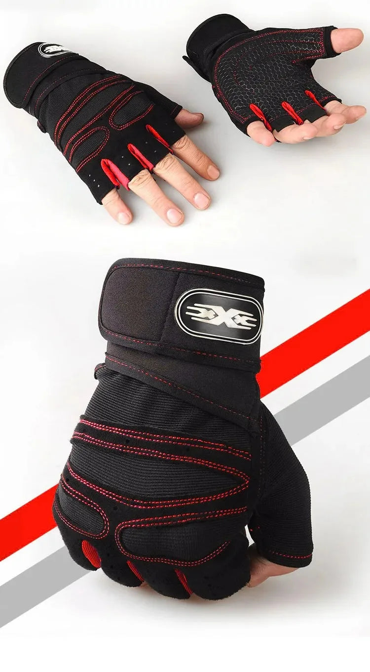 Black fingerless gym gloves with red stitching and a wrist wrap strap featuring an ‘EXC’ logo.