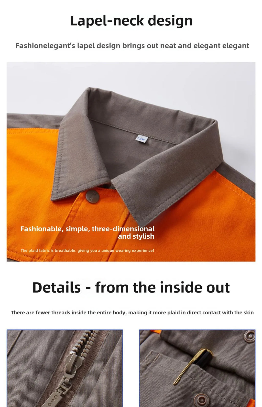 Close-up of a grey and orange cotton work shirt featuring a collared lapel neck, button closure, and pen pocket.