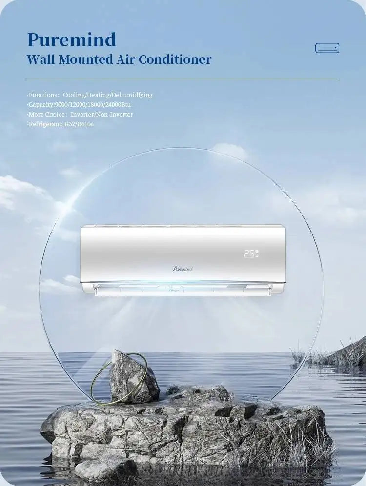 Sleek, white wall-mounted smart inverter split air conditioner with a digital temperature display.