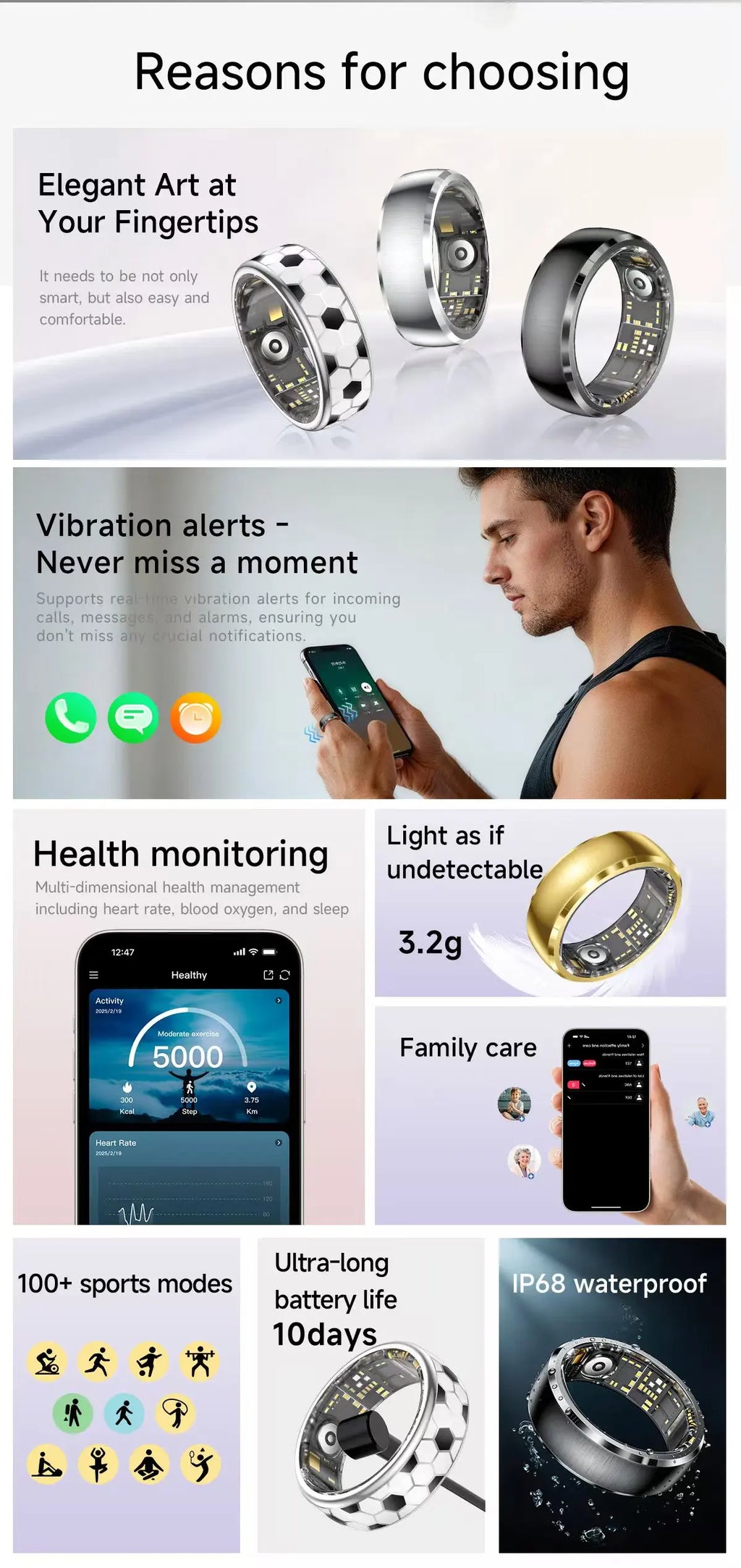 Sleek smart fitness rings in silver, black, gold and patterned styles with health tracking, app sync and waterproof design.