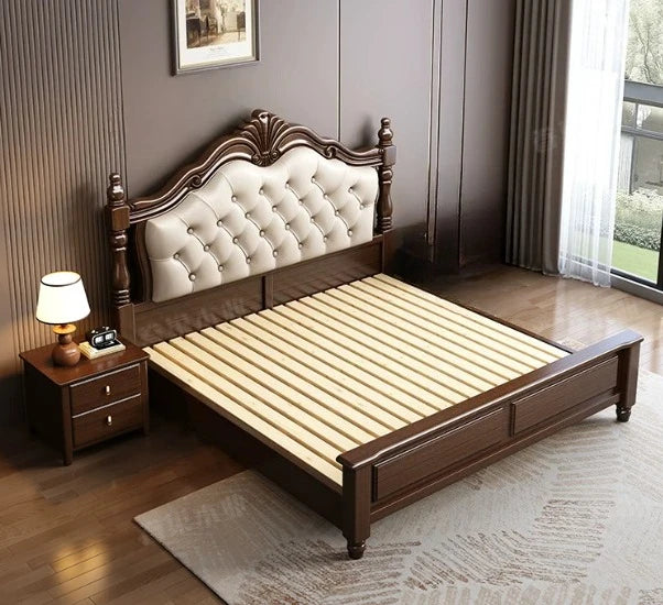 Retro dark wood double bed frame with a button-tufted cream upholstered headboard and sturdy wooden slats.