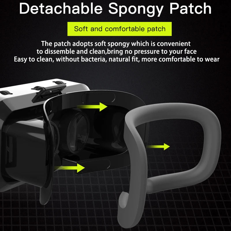 Black and white VR headset with a detached soft gray spongy facial cushion showing lenses.
