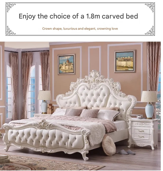 Luxury cream-coloured princess bed with a button-tufted headboard, ornate carved wood detailing and elegant finish.