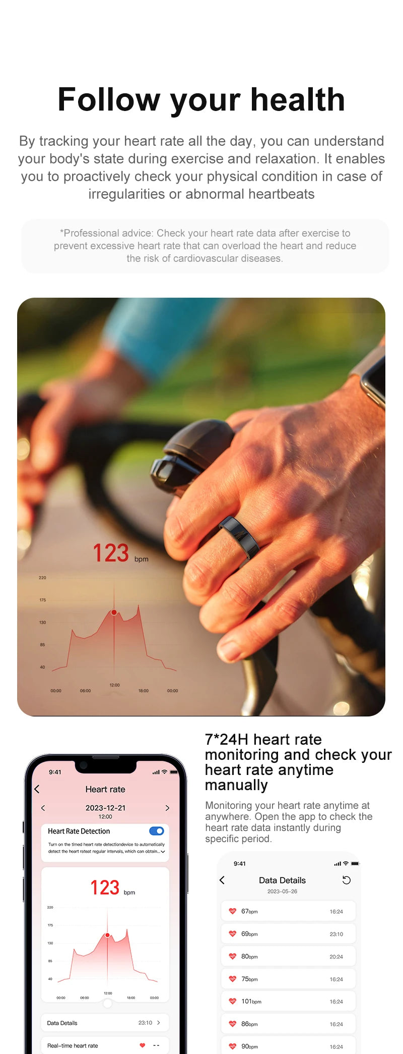 A sleek black smart health ring being worn while cycling, with an app displaying real-time heart rate data.