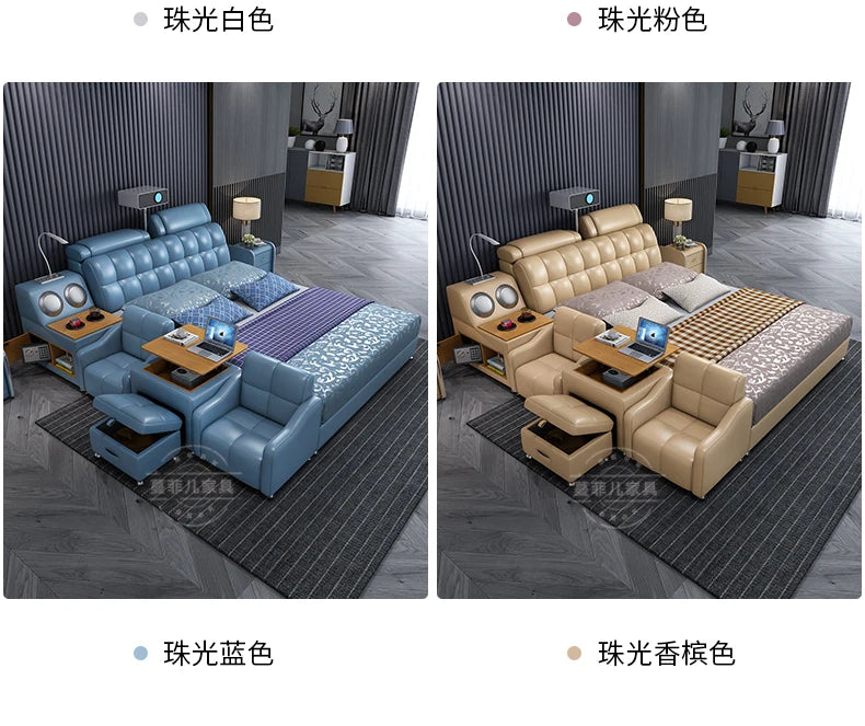 Modern double beds with padded headboards, integrated side tables, built-in storage, and matching stools. Four colours.
