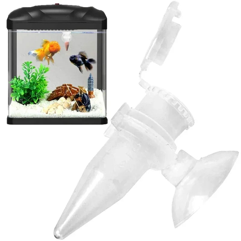 Clear plastic aquarium cone feeder with suction cup, shown with a small fish tank in the background.