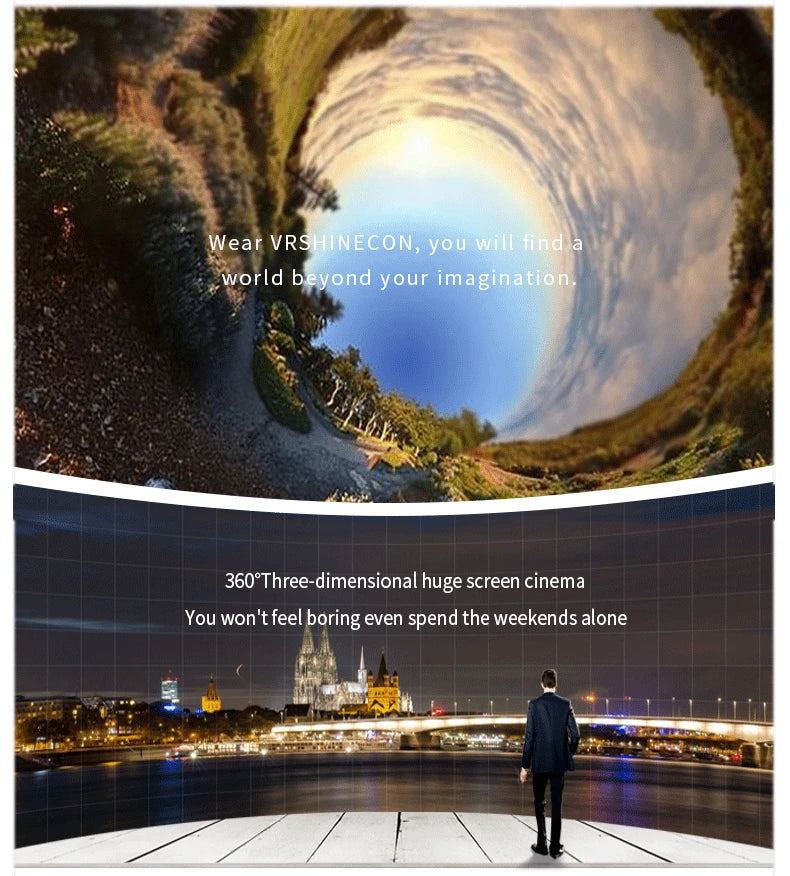 VR headset advertisement showing a 360-degree immersive landscape and a wide-screen cinematic cityscape at night.
