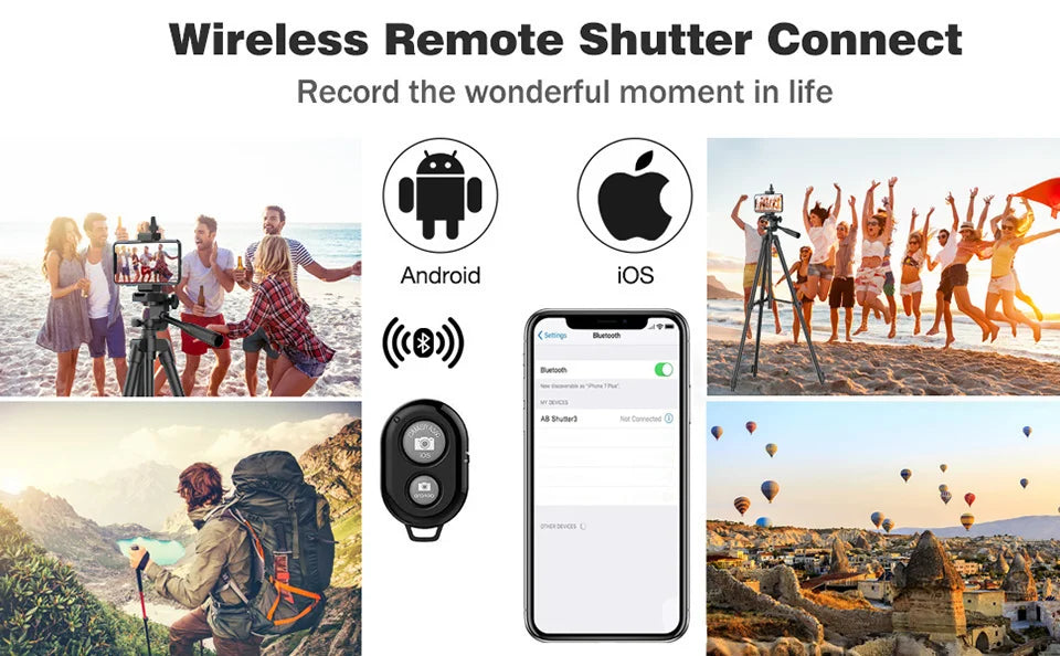 Black wireless Bluetooth camera shutter remote for smartphones, compatible with Android and iOS devices.