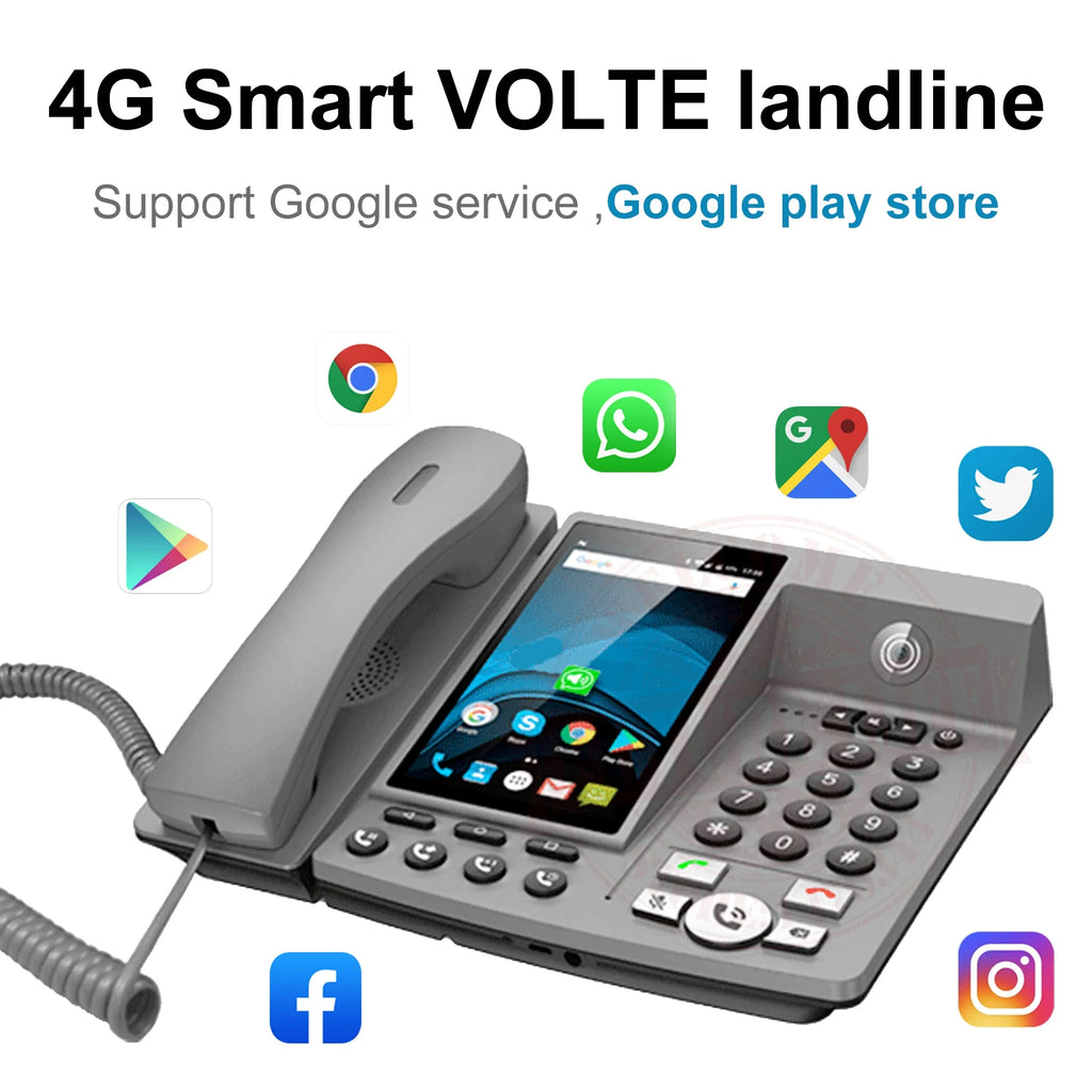 Grey 4G smart desk phone with a touchscreen interface, numeric keypad, and popular app icons surrounding it.