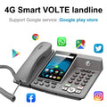 Grey 4G smart desk phone with a touchscreen interface, numeric keypad, and popular app icons surrounding it.