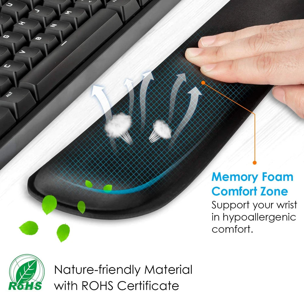 Black memory foam keyboard wrist rest with breathable material and ergonomic support.