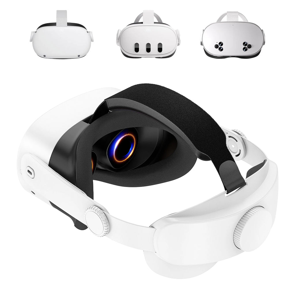 White adjustable VR elite headband with a black cushioned strap and rear tension dial for a comfortable, secure fit.