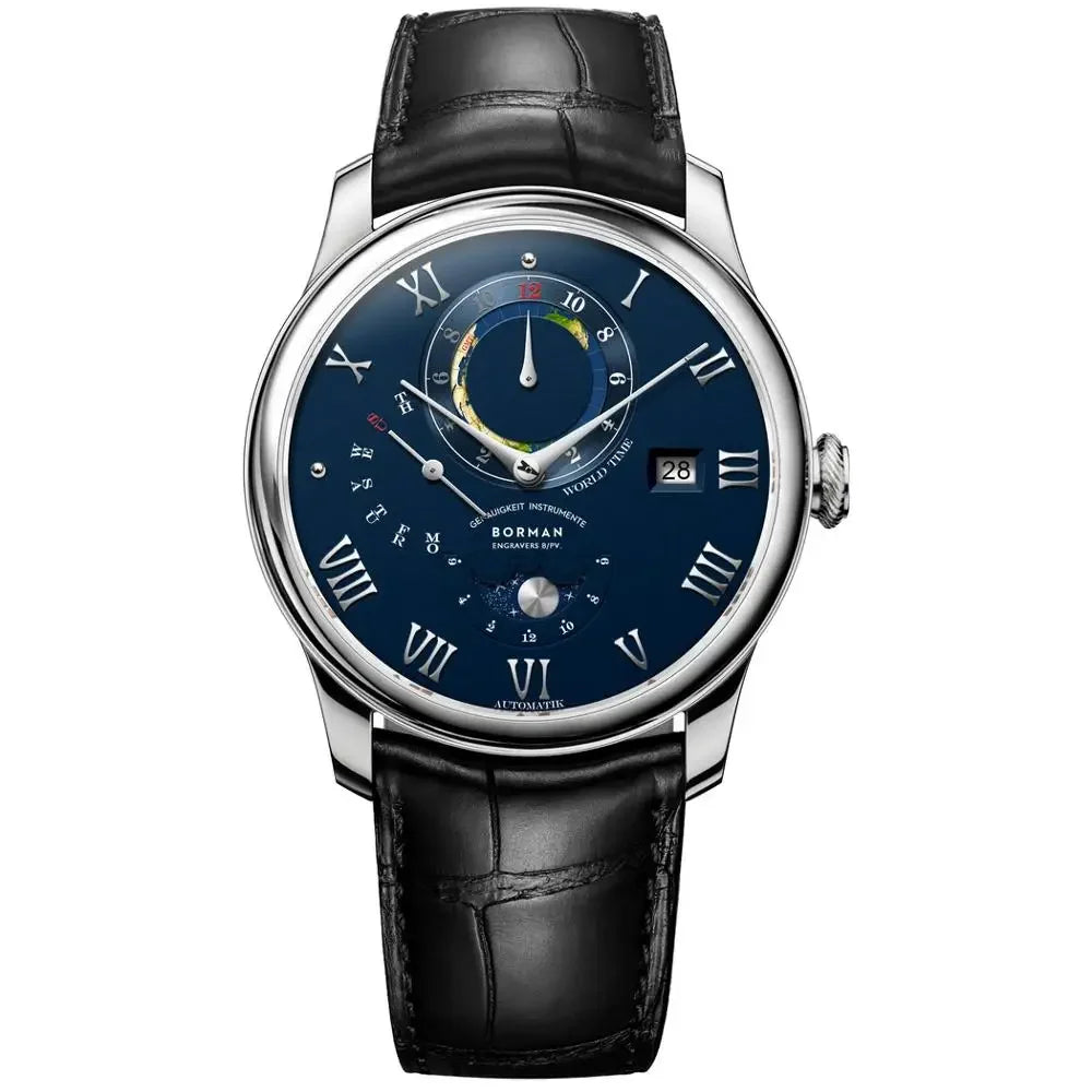 Men's automatic wristwatch with a blue dial, Roman numerals, silver case, date window, and black leather strap.