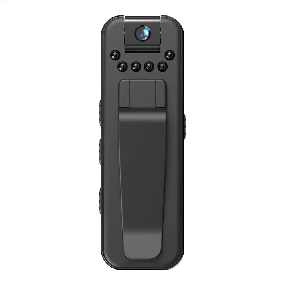 Black plastic wearable body camera with a rotating lens, night vision LEDs, and a rear belt clip.