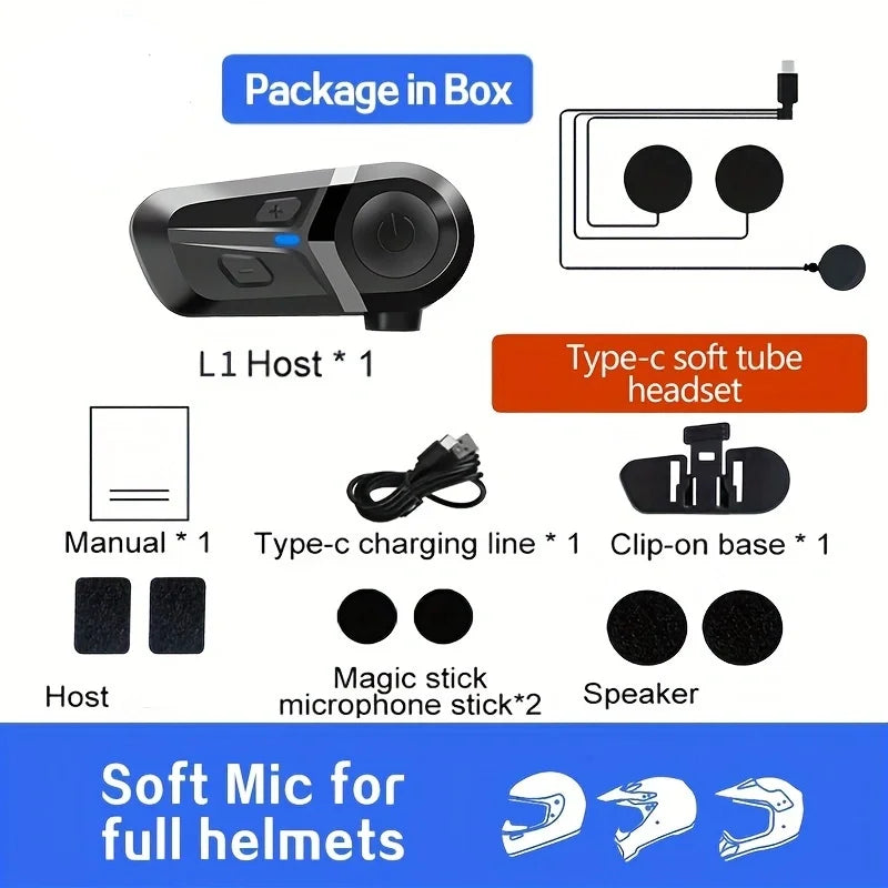 Wireless motorcycle helmet headset kit in black, including Bluetooth host, soft tube headset, mount, and charging cable.