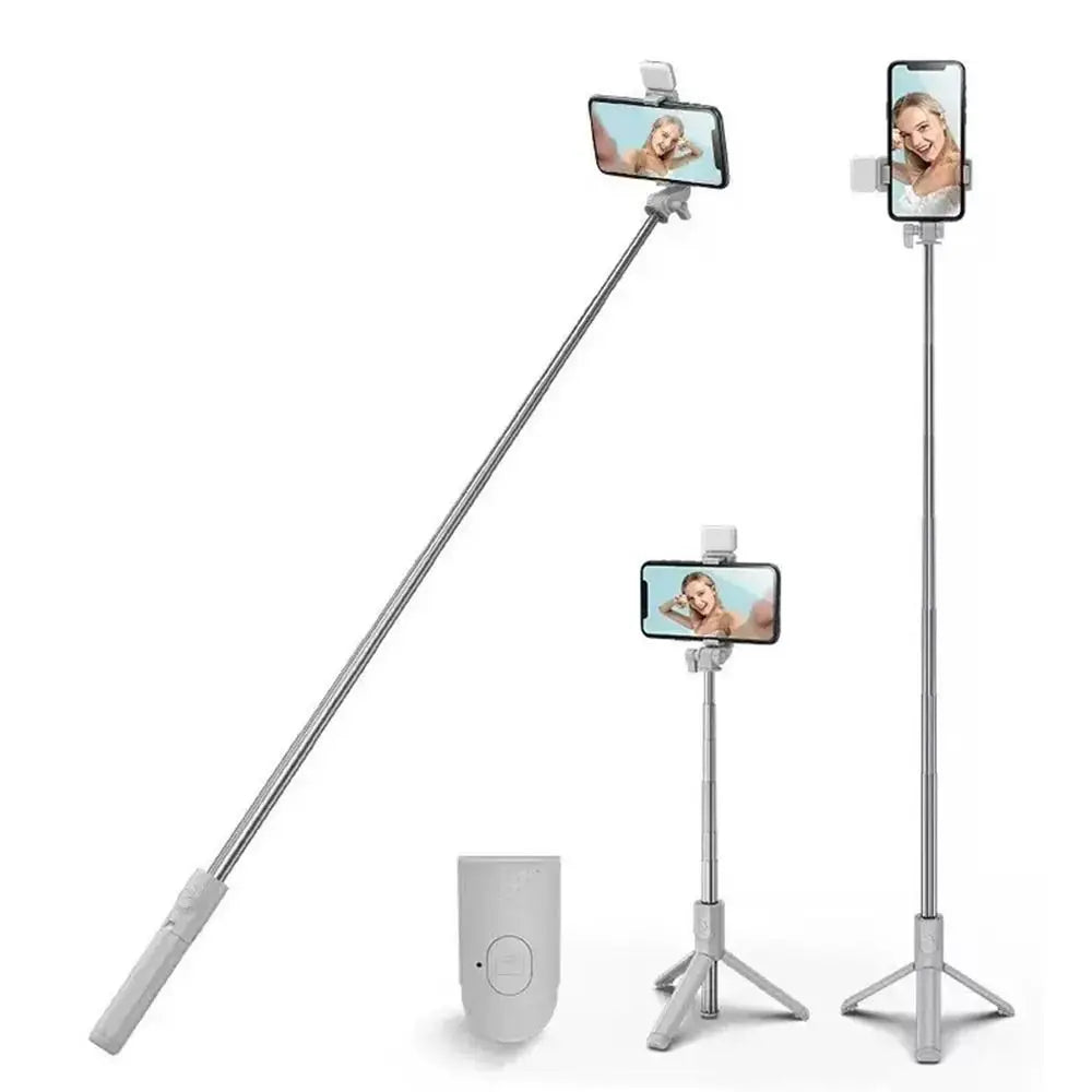 Silver extendable phone tripod with built-in light, Bluetooth remote, and adjustable smartphone mount.