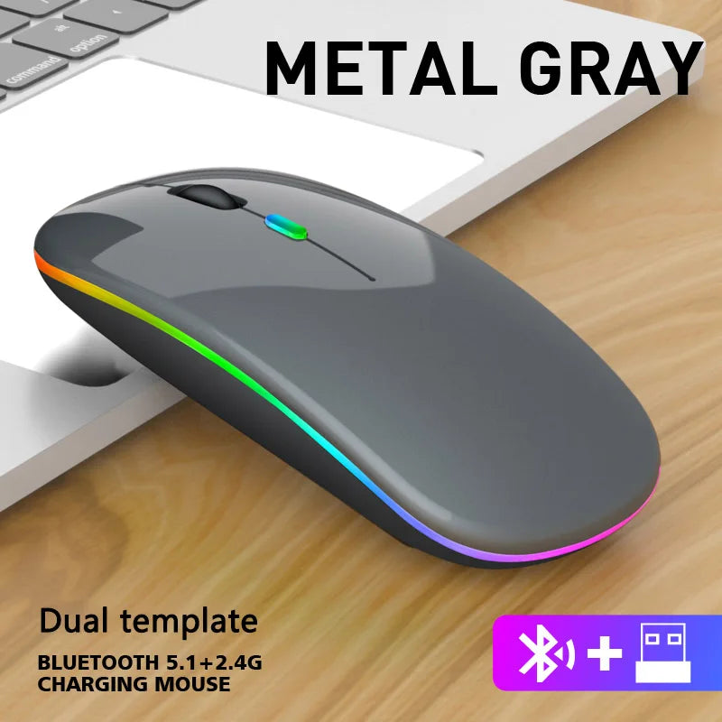 Slim, metal grey wireless ergonomic mouse with a colour-changing LED light strip and Bluetooth/2.4G connectivity.