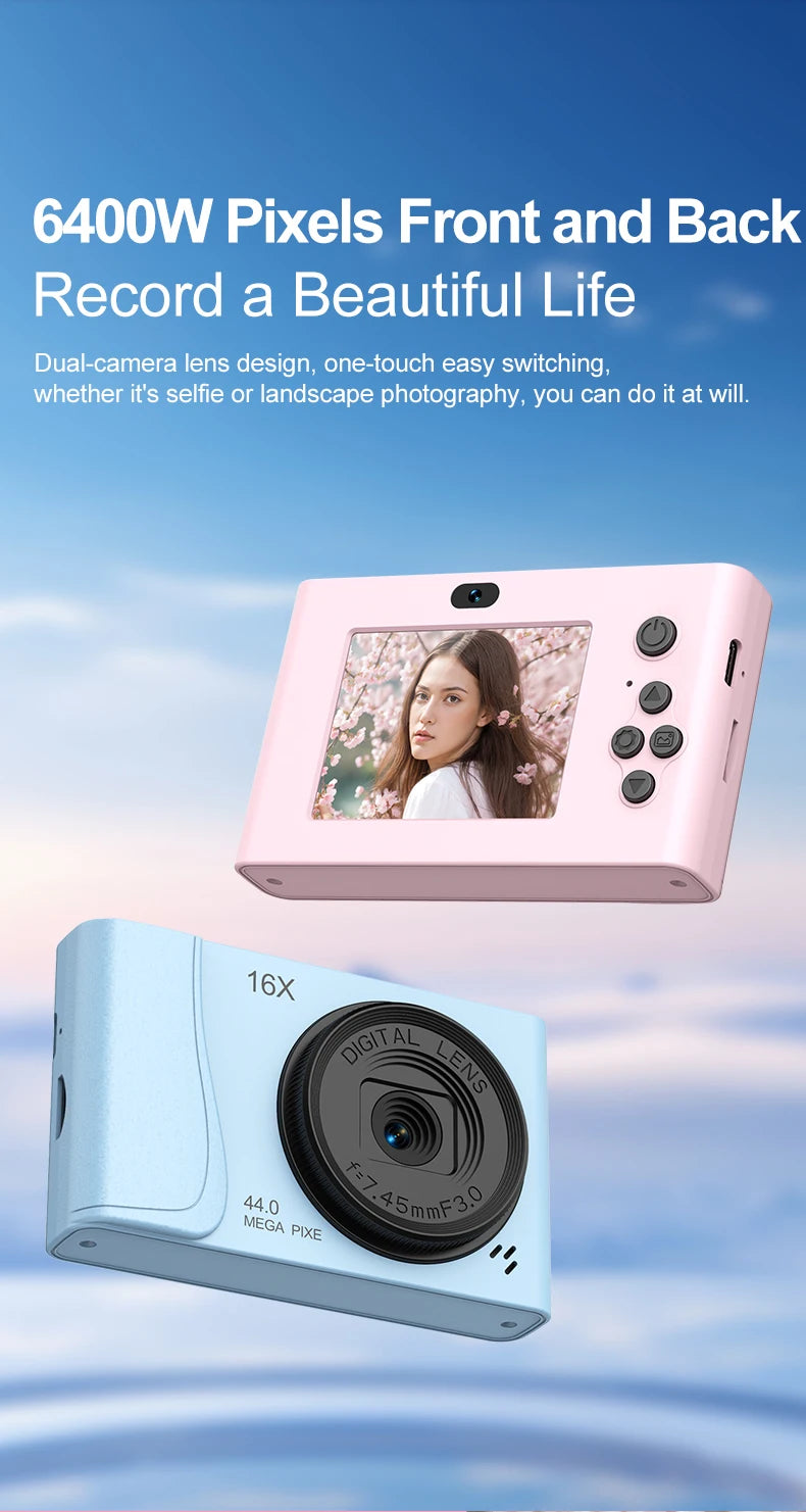 Pink and light blue plastic dual-lens digital cameras with a 16x zoom lens and rear screen.
