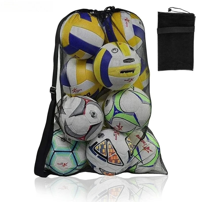 Black mesh drawstring sports bag filled with assorted colourful footballs and volleyballs.