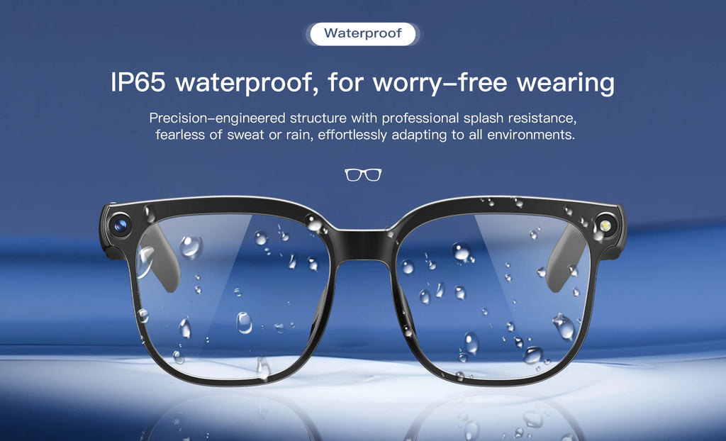 Black smart glasses with built-in cameras, shown with water droplets to highlight their IP65 waterproof design.