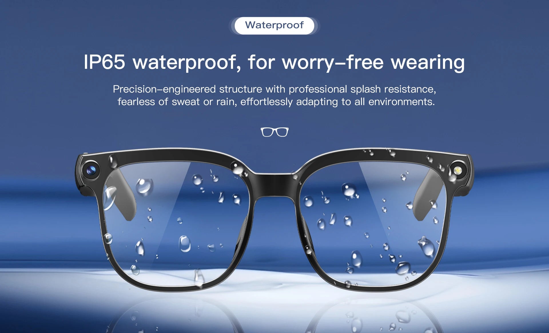 Black smart glasses with built-in cameras, shown with water droplets to highlight their IP65 waterproof design.