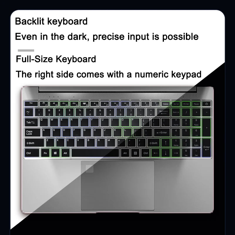 Sleek silver laptop with a full-size backlit keyboard and numeric keypad.