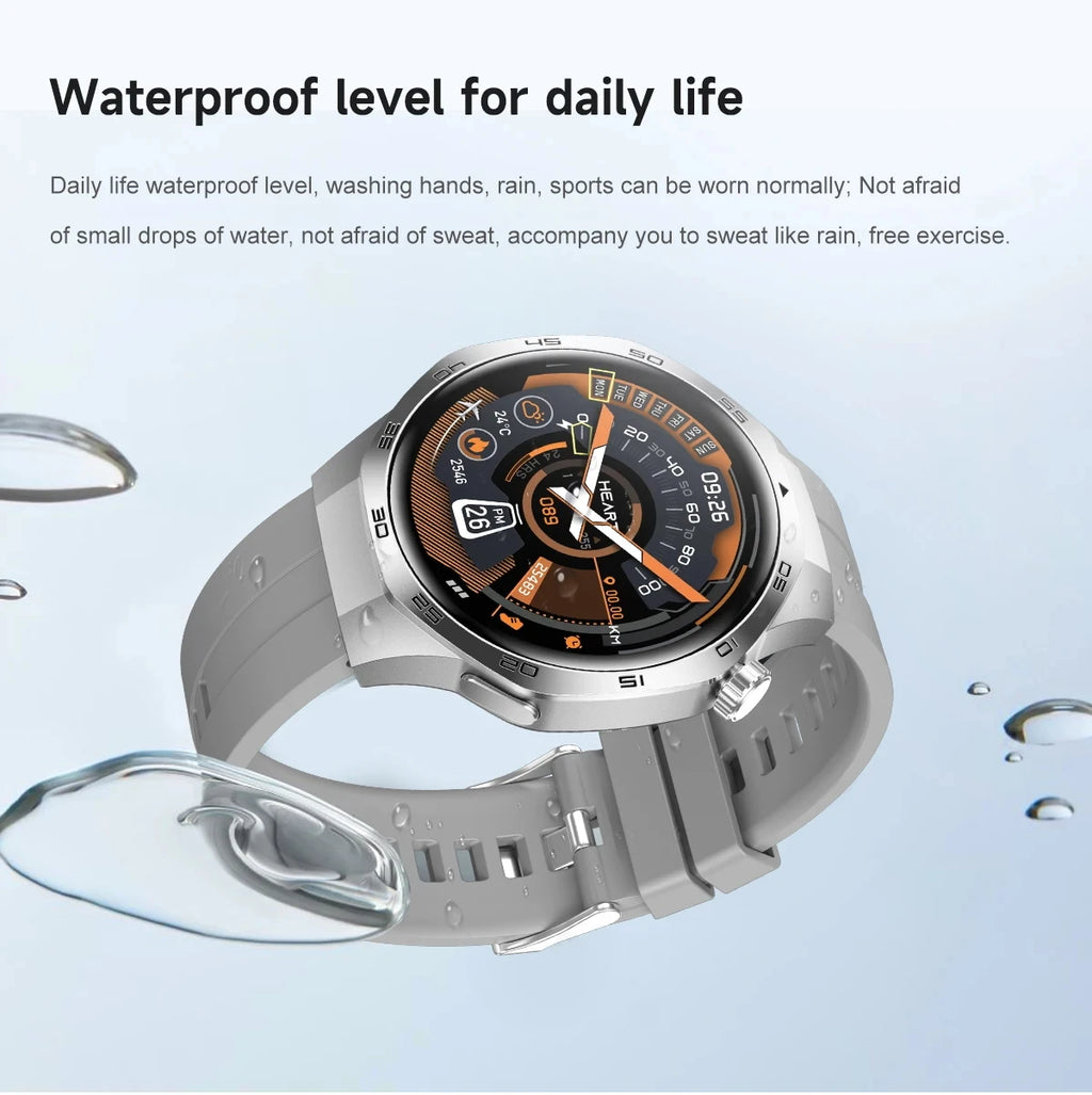 Silver smartwatch with a grey silicone strap and digital display, surrounded by water droplets to show water resistance.