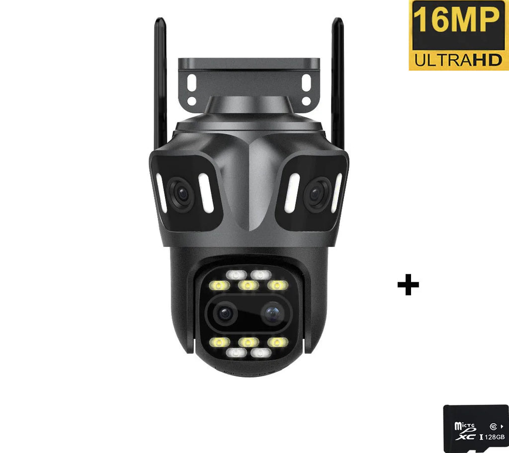 Black 16MP quad-lens outdoor WiFi security camera with integrated spotlights and a 128GB microSD card.