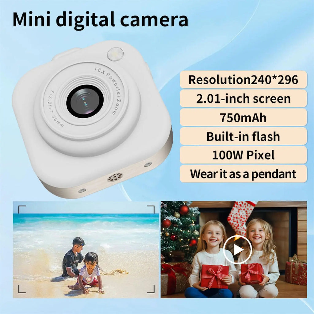 White mini digital camera with 2.01-inch screen, 16x zoom, built-in flash, and a wearable pendant design.