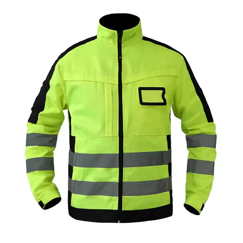 High-visibility neon yellow work jacket with black accents, reflective strips, and a stand-up collar.
