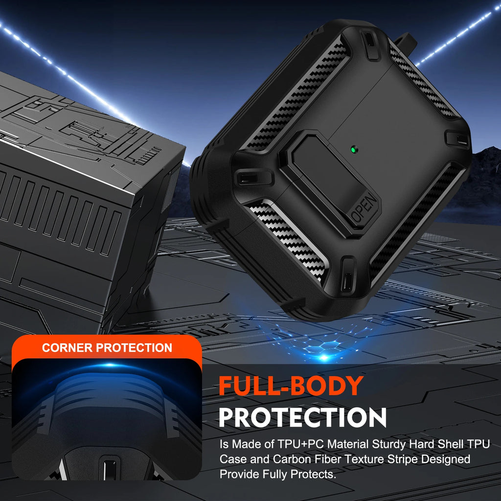 Rugged black TPU and PC protective case for AirPods with a carbon fibre texture finish and latch design.
