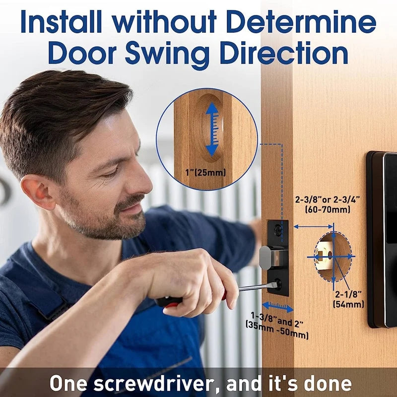 Man using a screwdriver to install a black Tuya smart lock on a wooden door with measurement overlays.