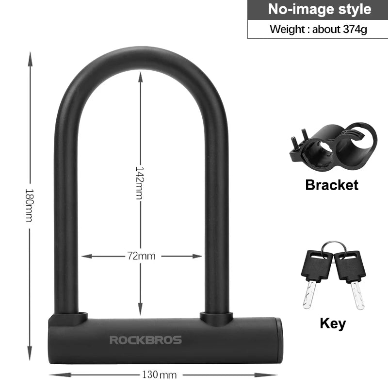 Black Rockbros U-shaped bicycle lock with dimensional arrows, a mounting bracket, and two keys.