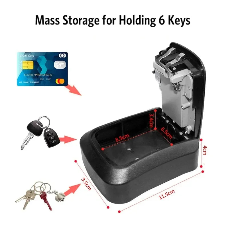 Black metal wall-mounted key lock box with combination mechanism, showing internal dimensions and key storage capacity.