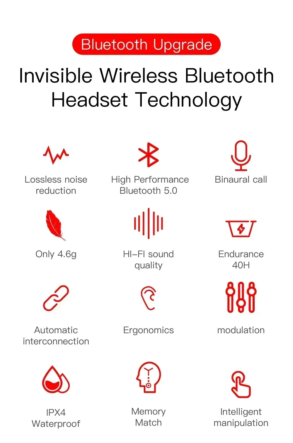 Infographic for invisible wireless Bluetooth headset, featuring red icons and text listing technical features.