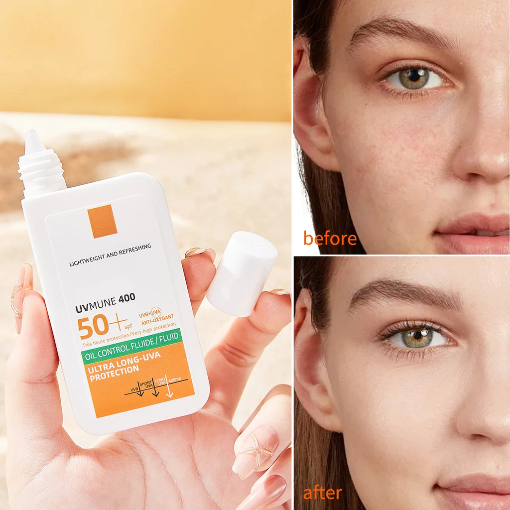 Hand holding a white bottle of SPF 50+ oil-control sunscreen with before and after photos showing clear skin.