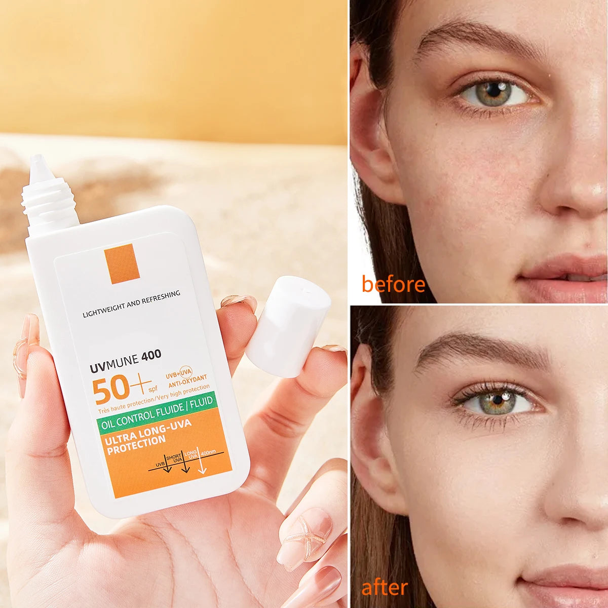 Hand holding a white bottle of SPF 50+ oil-control sunscreen with before and after photos showing clear skin.
