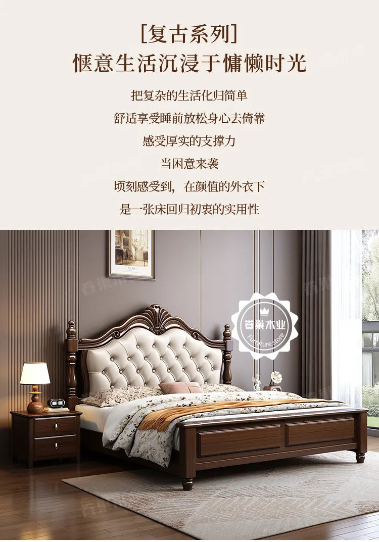 Retro-style dark wooden double bed frame with an ornate headboard and cream-coloured button-tufted upholstery.