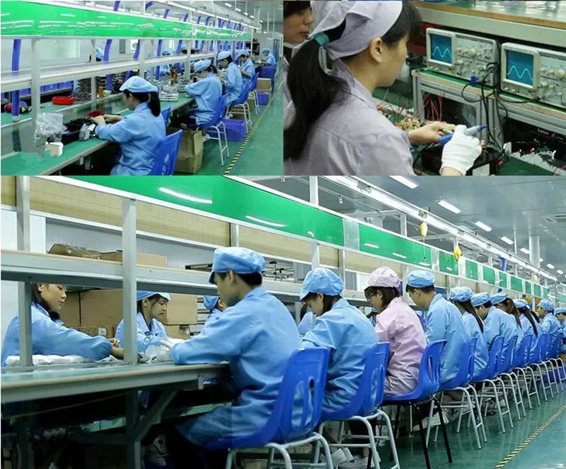 Factory workers wearing blue uniforms and hairnets assembling electronic components at a clean, professional workstation.