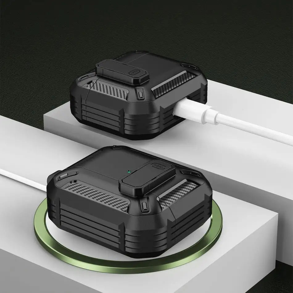Rugged black carbon-fibre style protective case for AirPods Pro, shown charging wirelessly and via cable.