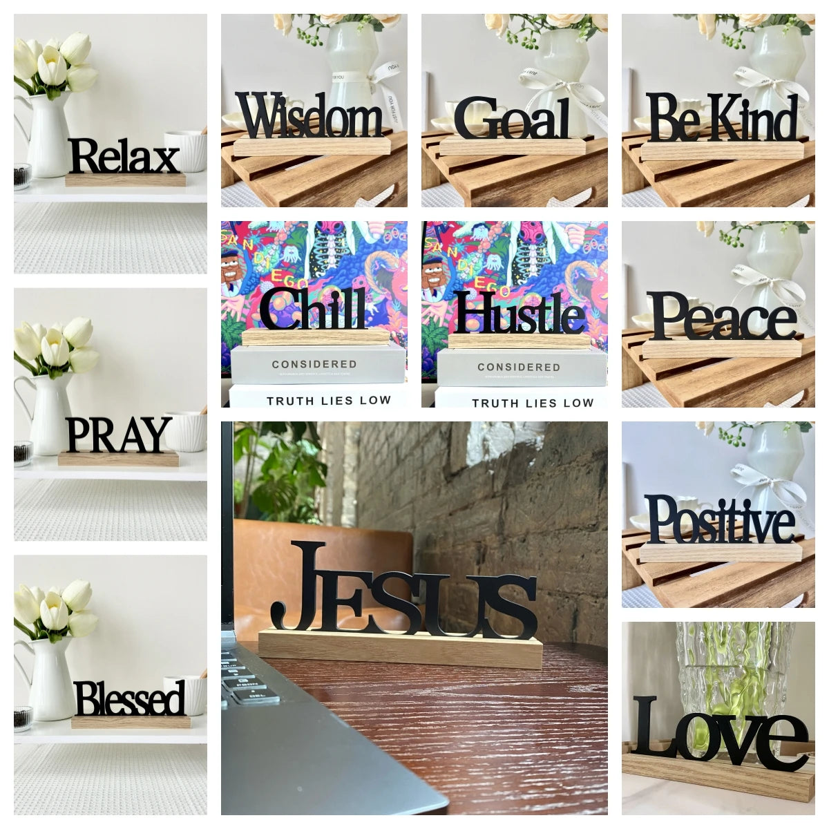 A collection of rustic wooden signs with black cut-out inspirational words on natural light wood stands.