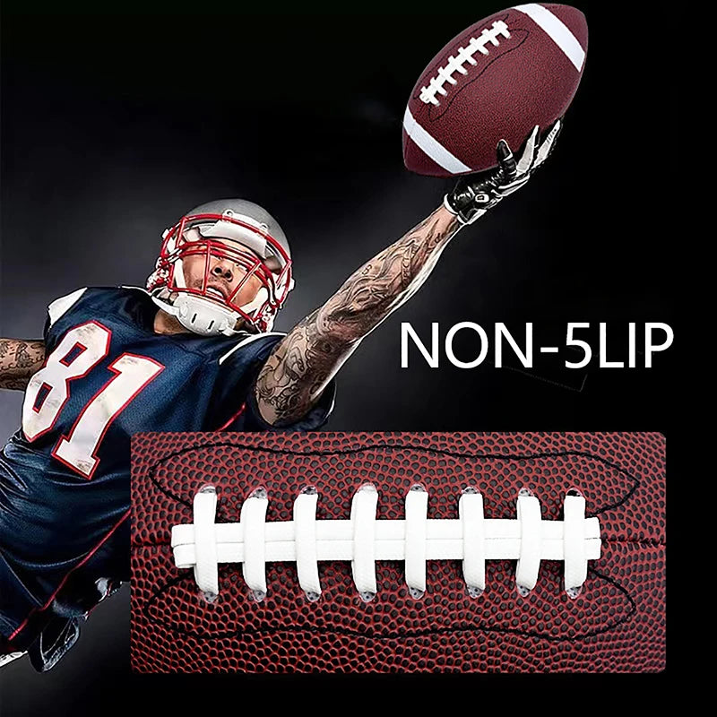 Textured brown American football with white laces for a non-slip grip, shown in action against a black background.