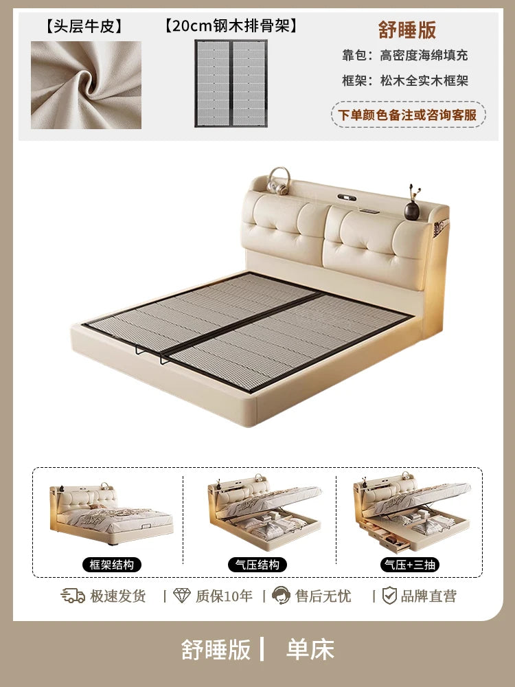 Cream genuine leather bed frame with tufted headboard, internal storage drawers, and a slatted base.