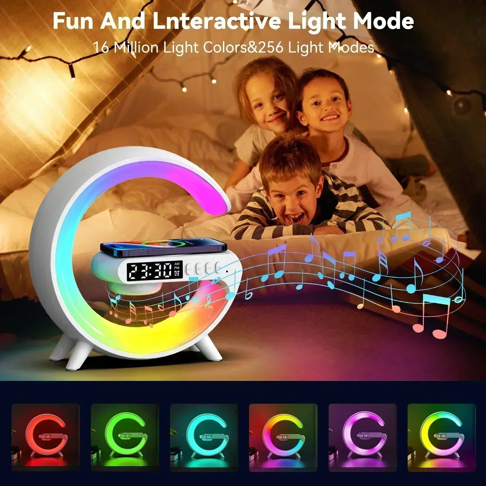 White G-shaped LED alarm clock and wireless charger with vibrant multi-coloured lighting and built-in speaker.