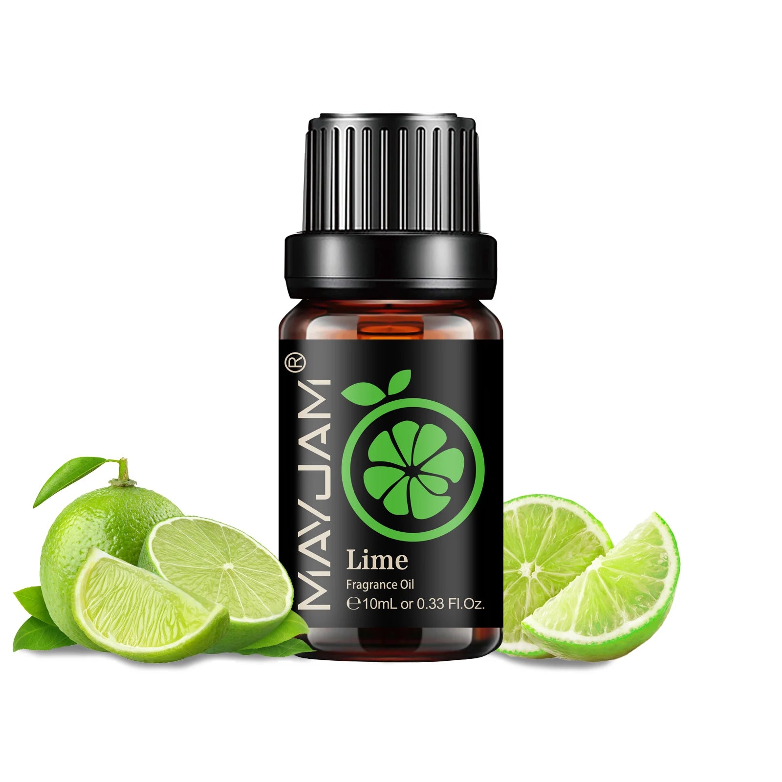 10ml amber glass bottle of lime fragrance oil with a black cap, displayed next to fresh lime slices.